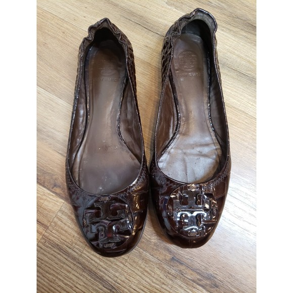 Tory Burch Shoes - Tory Burch "Reva" Flats in Brown Gator Patent Size 8